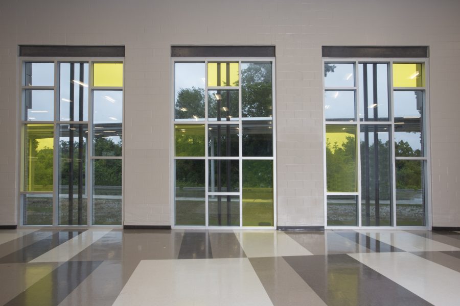 Stain glass windows at St. Amant Freshman Academy.