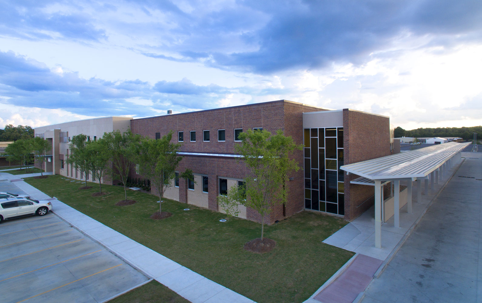 Bus dropoff and brick exterior