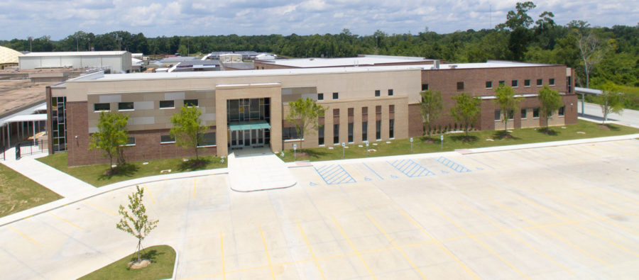 Aerial view of freshman academy and parking lot