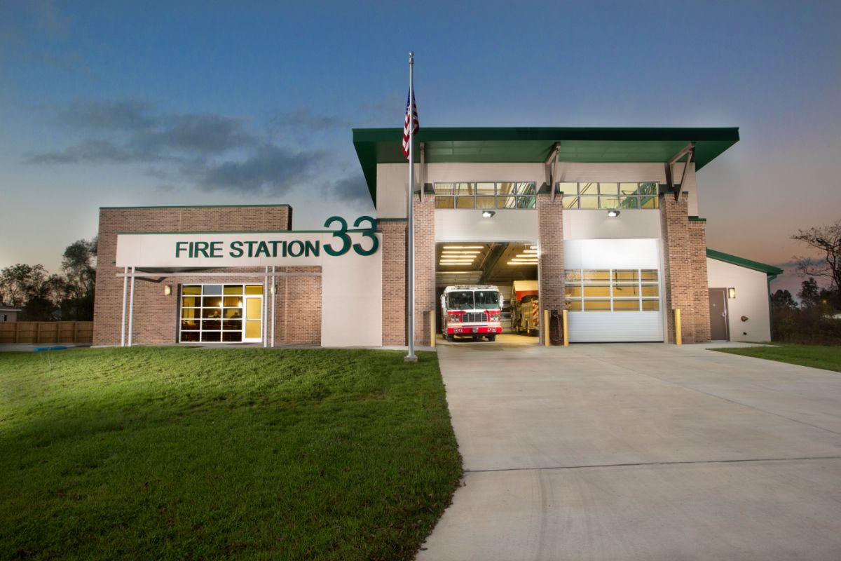 Exterior of Fire Station 33 with door rolled up