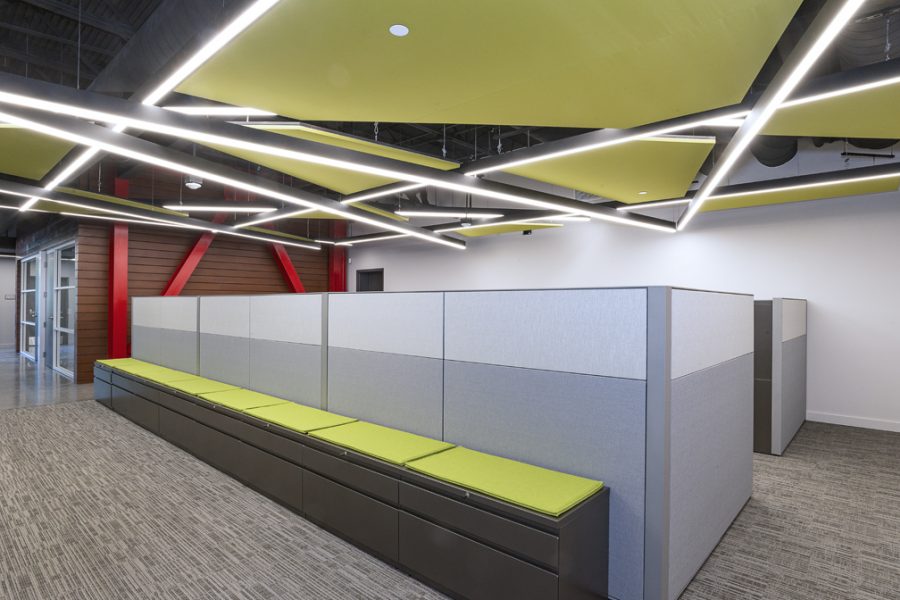 Bright green geometric ceiling and open working spaces.