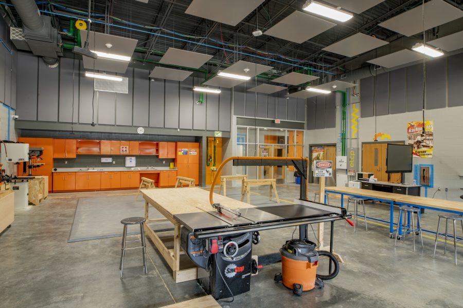 Woodworking shop with acoustical wall panels