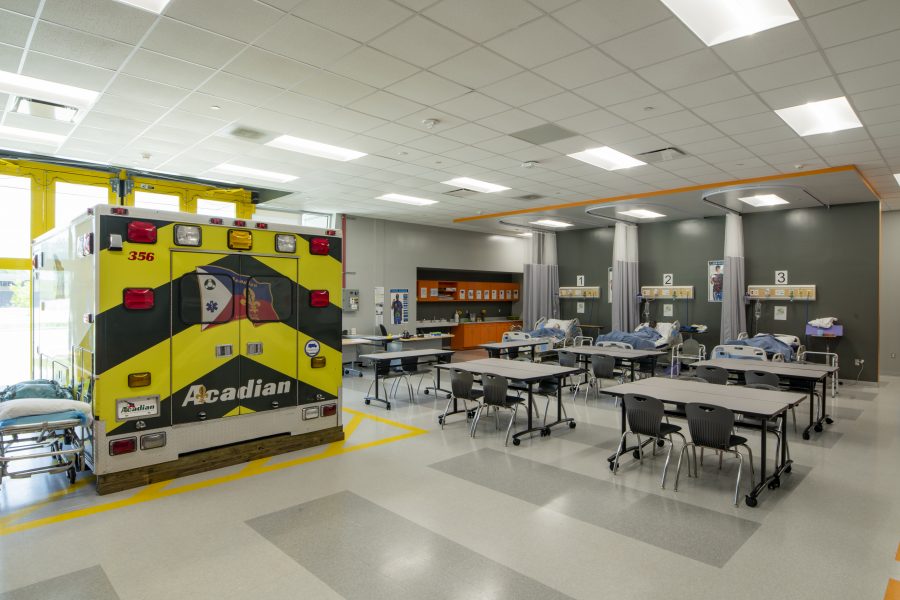 Health lab with ambulance simulation and patient beds