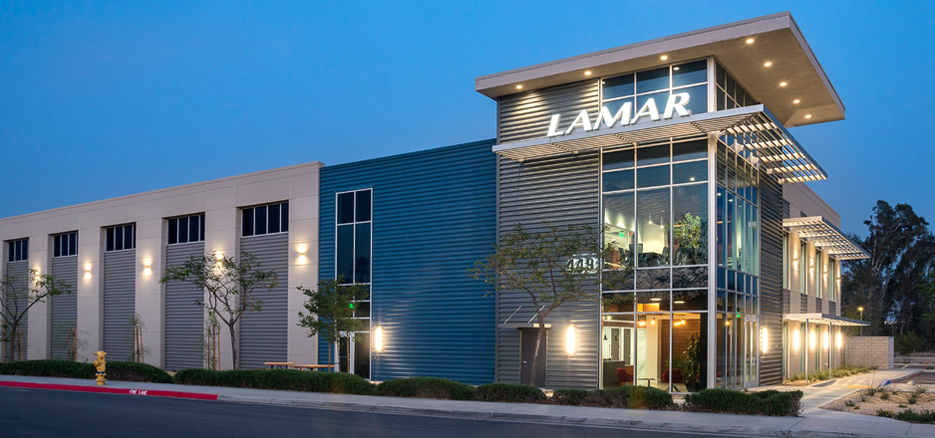 Lamar Advertising - San Bernardino exterior at dusk.