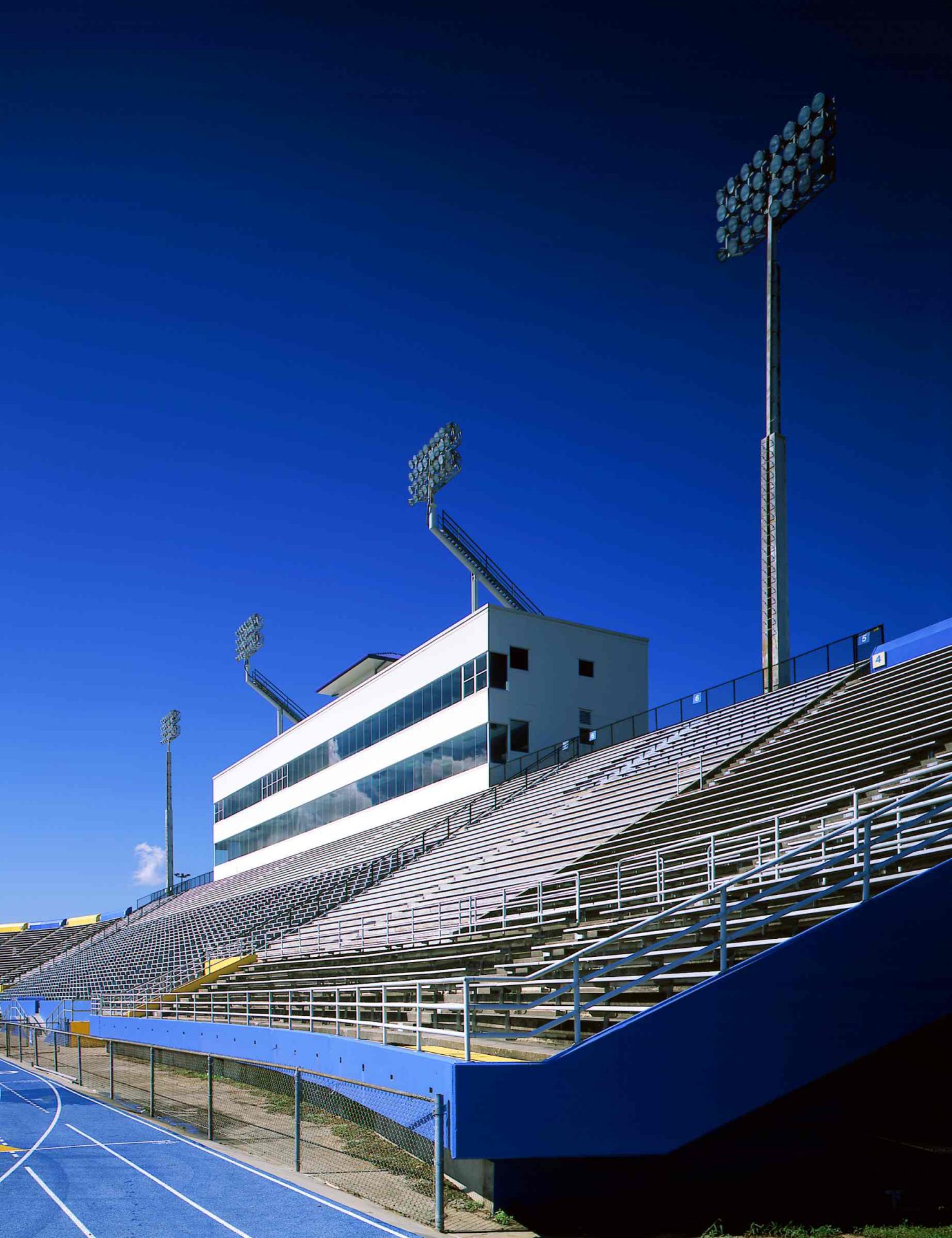Exterior view of the press box and stadium.