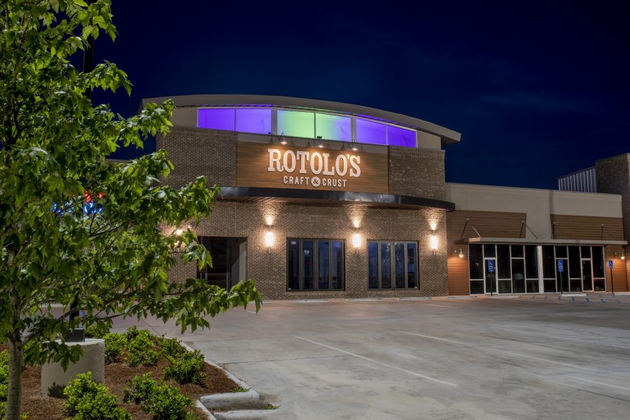 Illuminated exterior of the resturant.