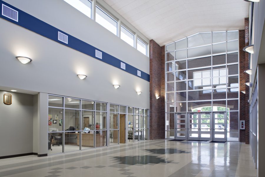 Lobby, designed with the school colors in mind.