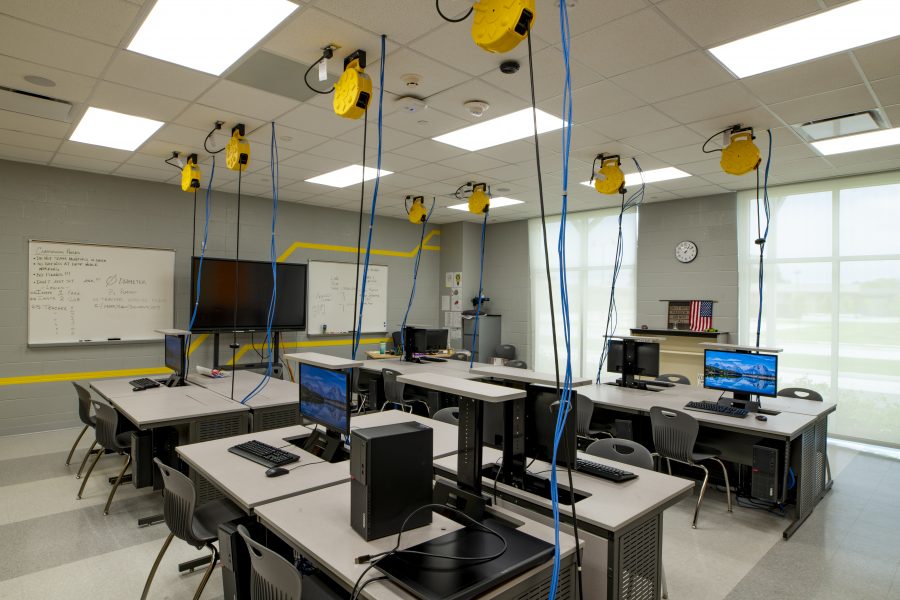 Computer classroom with ceiling cable management