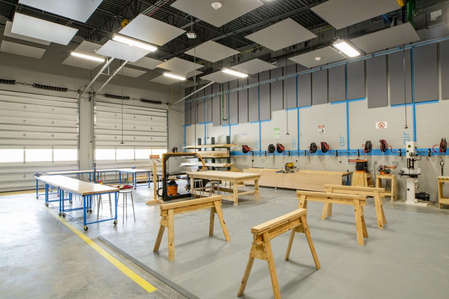 Woodworking shop with sawhorses