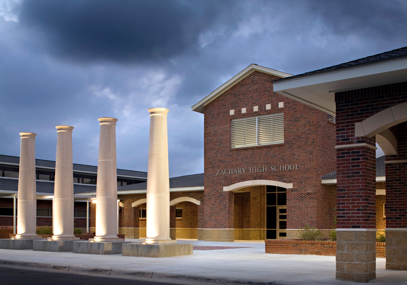 Entry to Zachary High on a stormy day