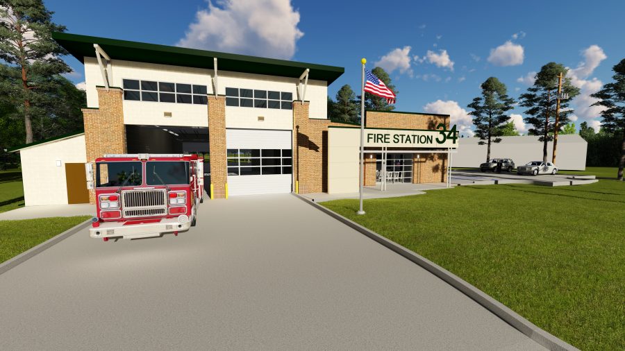 Exterior of Fire Station #34 with truck.