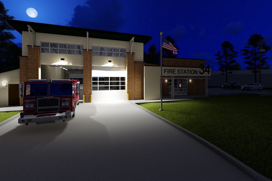 Rendering of Exterior of Fire Station #34 at night.