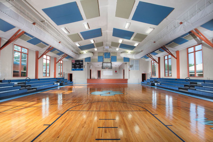 Interior photo of renovated gym at St. Amant Middle