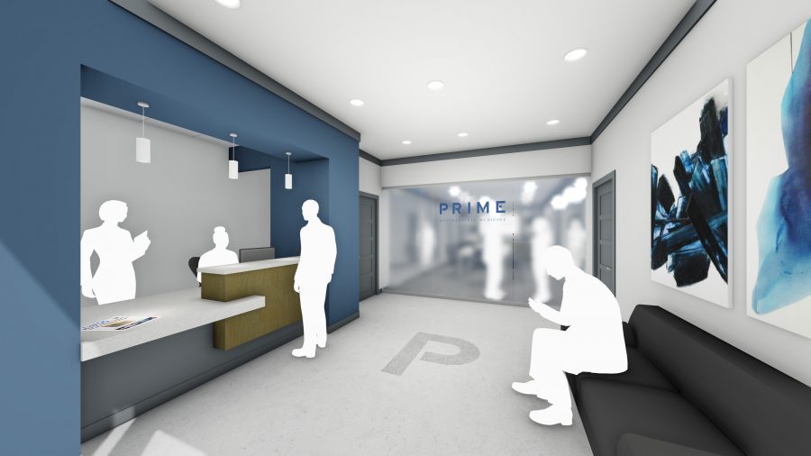 Rendering of reception with desk, lounge seating, and frosted glass