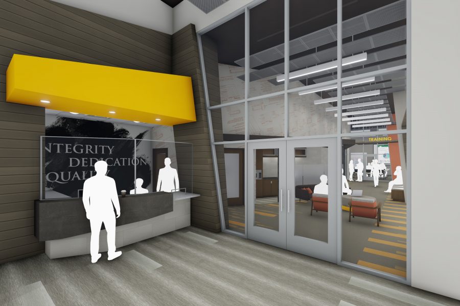 Rendering of the lobby with bright orange soffit at reception and large glass storefront wall