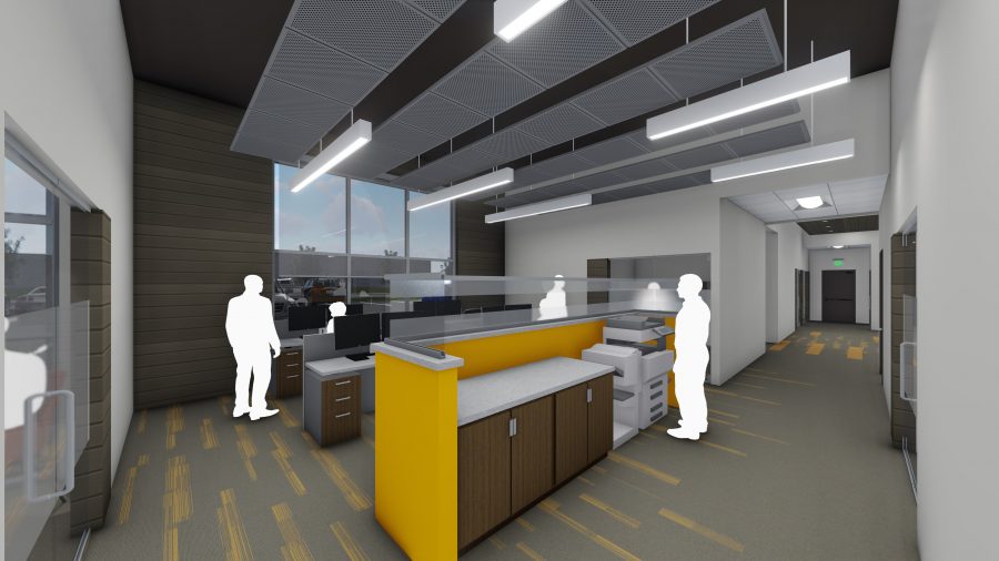 Rendering of open office cubicles with linear lights and orange accents