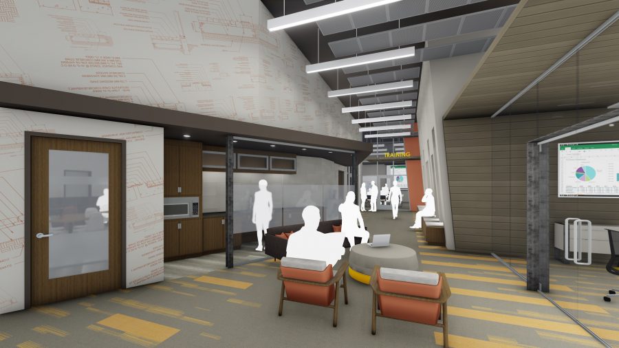 Rendering of touchdown meeting area with construction wall graphics and lounge seating