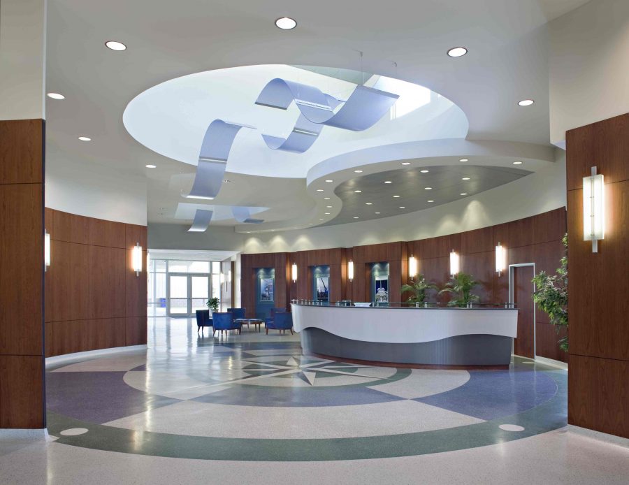 Lobby of Oceaneering featuring wave inspired architecture.