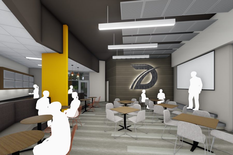 Rendering of bistro-style breakroom with metal panel ceiling clouds and bright accents